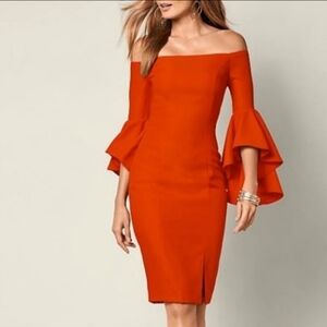 VENUS Vibrant Orange Off-Shoulder Dress
